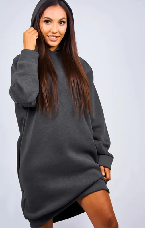 Charcoal Oversized Baggy Pocket Sweat Hood Mini Dress - Maxine sold by Femme Luxe