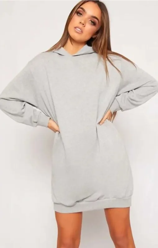 Grey Oversized Baggy Pocket Sweat Hood Mini Dress - Maxine sold by Femme Luxe