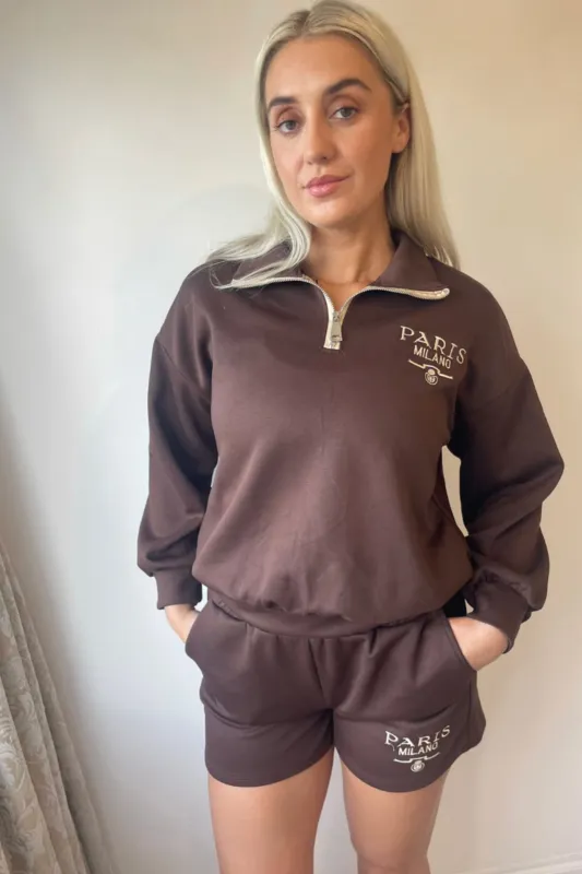 Chocolate Brown Zip Neck Sweatshirt and Short Paris Milano Print Co ord Loungewear Set - Celestara sold by Femme Luxe