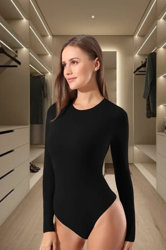 Black Long Sleeve Round Neck Slinky Bodysuit - Layla sold by Femme Luxe