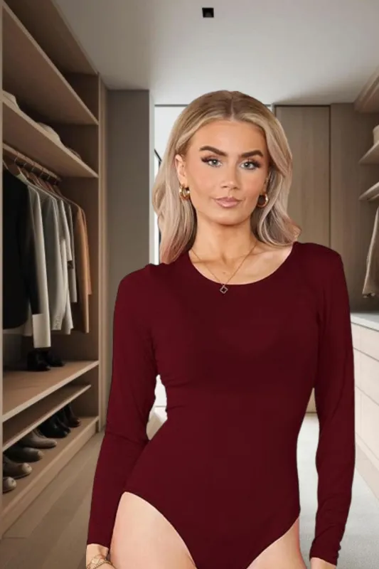 Wine Long Sleeve Round Neck Slinky Bodysuit - Layla sold by Femme Luxe