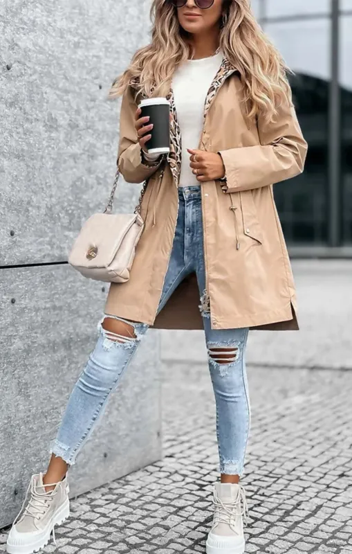 Beige Parka with Leopard Print Lining Reversible Hooded Jacket – Skye sold by Femme Luxe