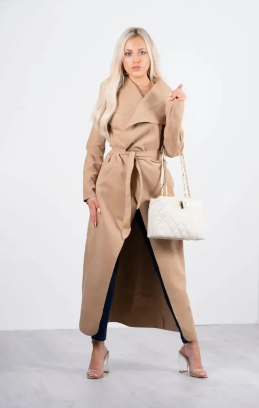 Camel Waterfall Draped Duster Maxi Coat - Danira sold by Femme Luxe