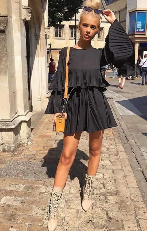 Black Pleated Ruffle Long Sleeve Mini Dress – Nola sold by Femme Luxe