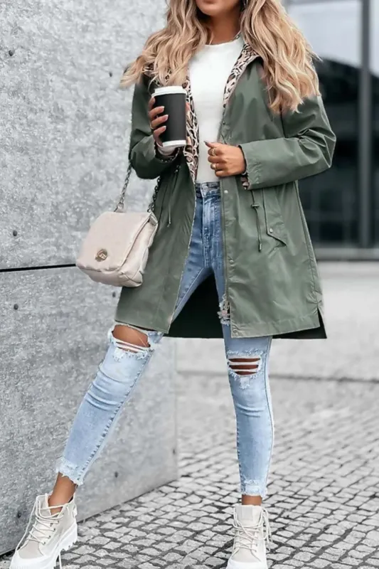 Khaki Parka with Leopard Print Lining Reversible Hooded Jacket– Skye sold by Femme Luxe