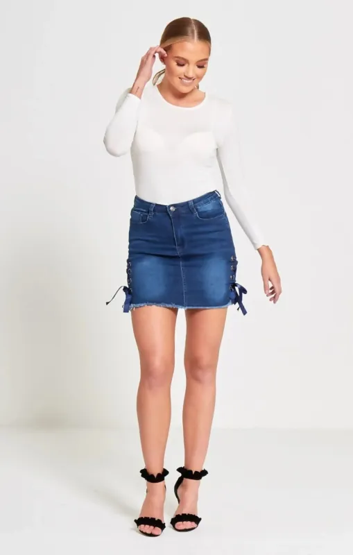 Blue Denim Eyelet Ribbon Petite Hem Mini Skirt - Violina sold by Femme Luxe