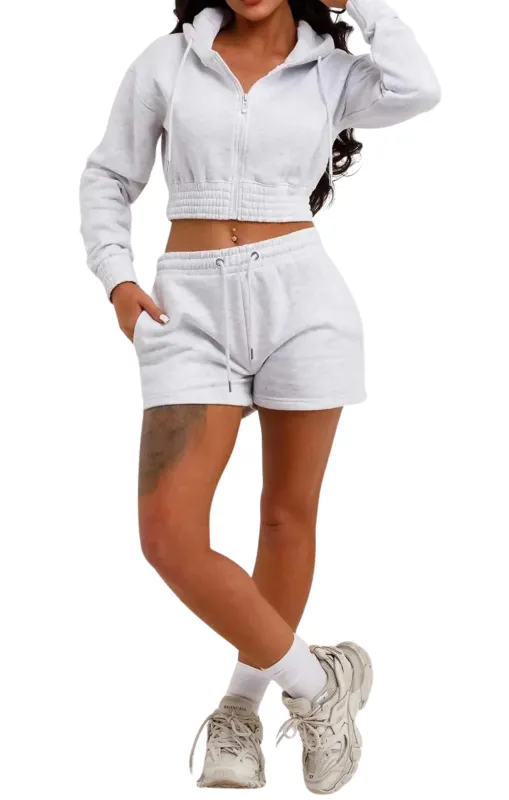 Grey Zip Up Hoodie & High Waisted Shorts Co-ord Set - Eliza sold by Femme Luxe