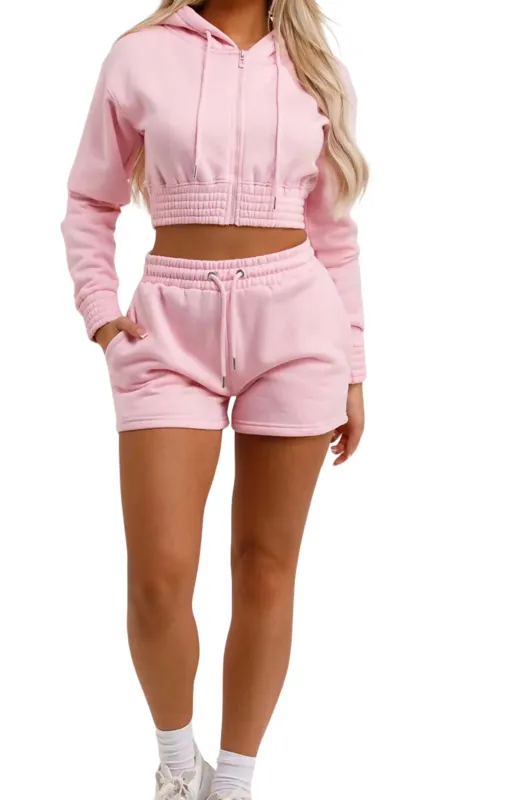 Pink  Zip Up Hoodie & High Waisted Shorts Co-ord Set - Eliza sold by Femme Luxe