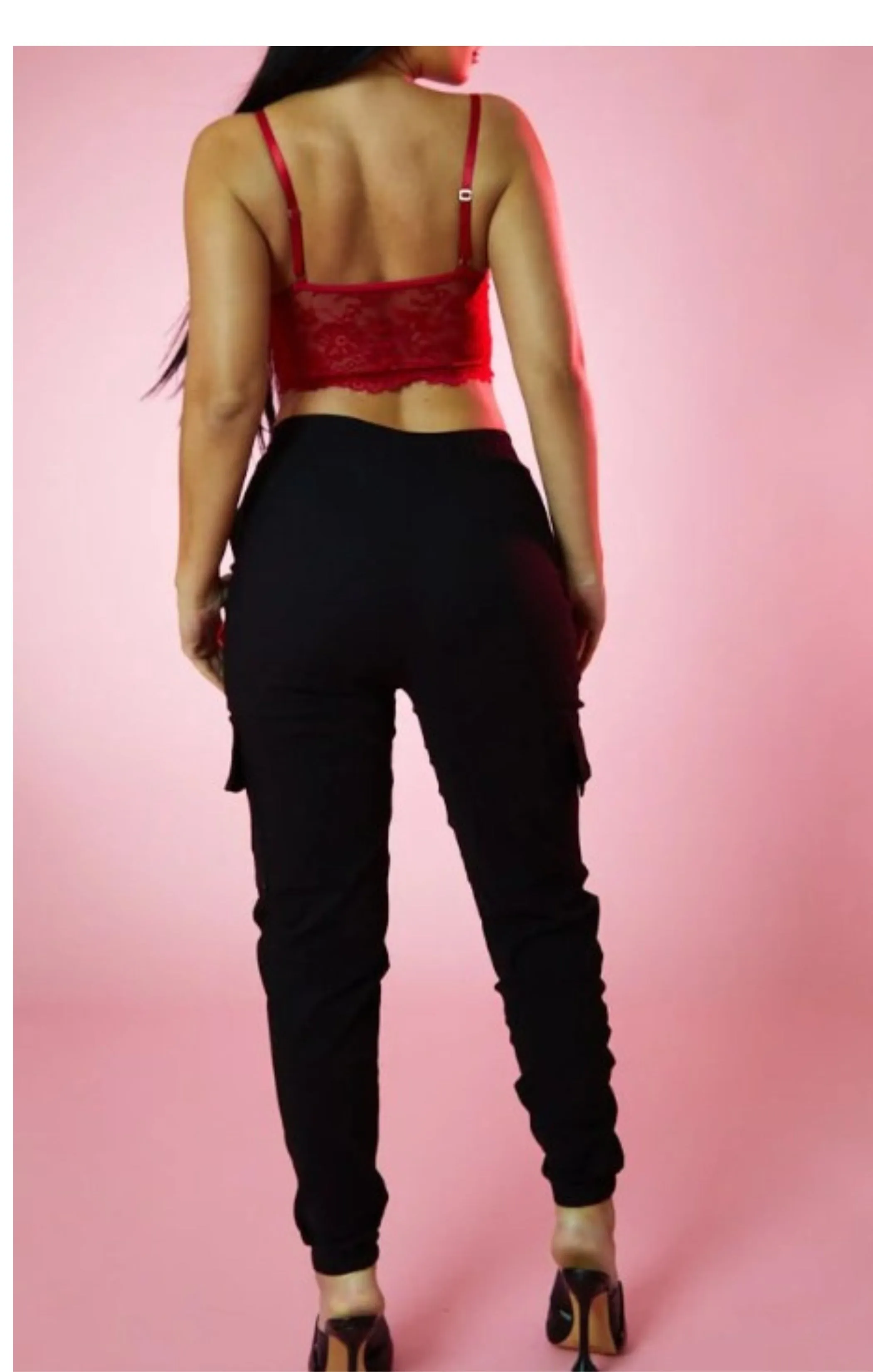 Black Stretch High Waist Soft-Touch Cargo Trousers with Pockets- Simon sold by Femme Luxe product image thumbnail 2