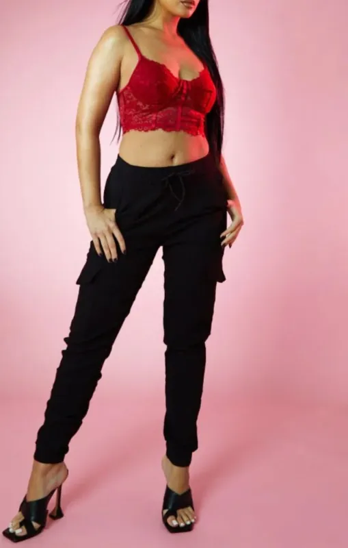 Black Stretch High Waist Soft-Touch Cargo Trousers with Pockets- Simon sold by Femme Luxe