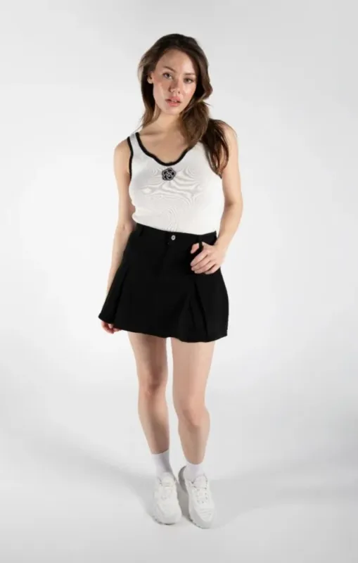 Black Denim Pleated Mini Skirt - Cassara sold by Femme Luxe