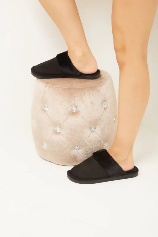 Black Suede Teddy Faux Fur Lined Slippers - Renavia sold by Femme Luxe
