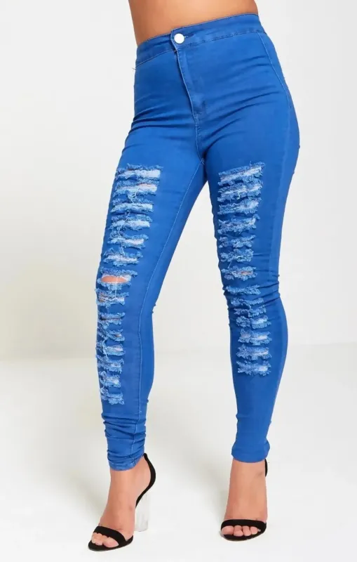 Blue Ripped Extreme Distressed High Waisted Disco Skinny Jeans - Nayelith sold by Femme Luxe