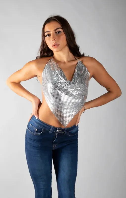 Silver Chainmail Halter Neck Top - Lucetta sold by Femme Luxe