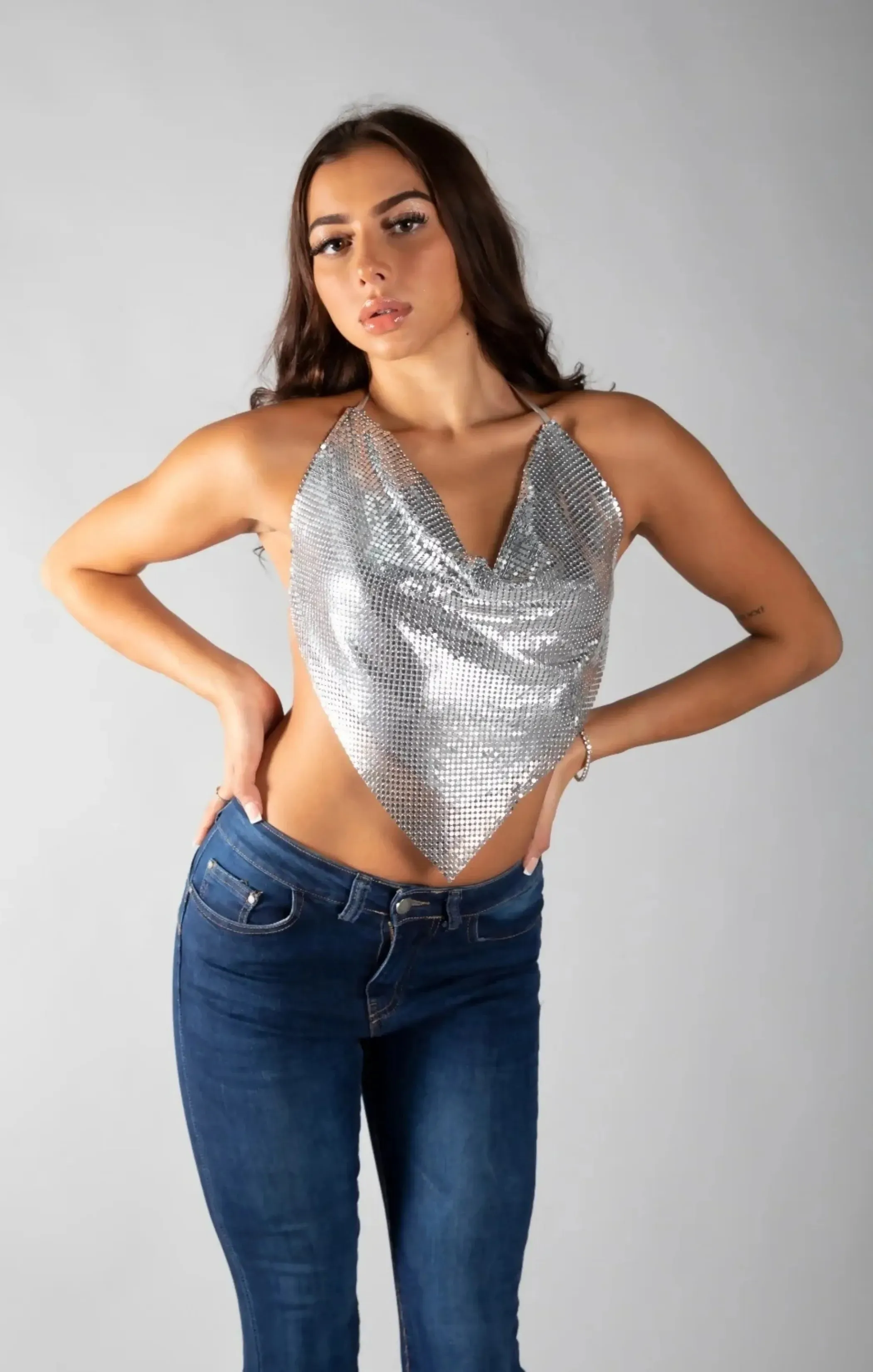Silver Chainmail Halter Neck Top - Lucetta sold by Femme Luxe