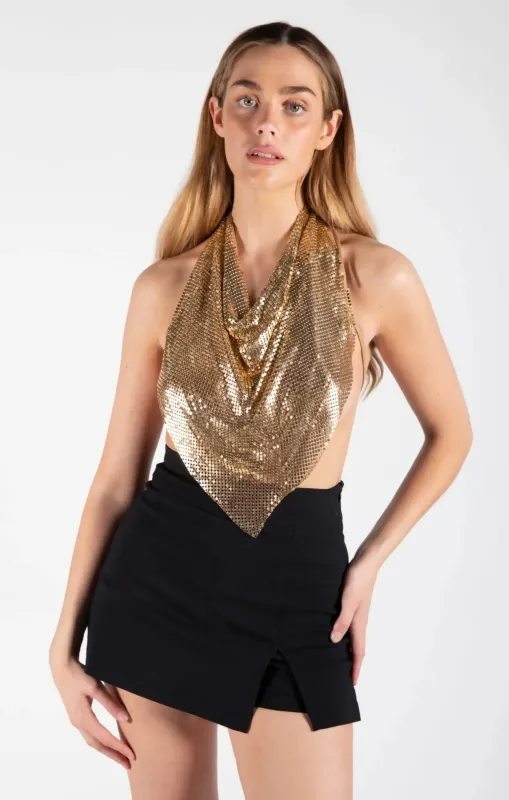 Gold Chainmail Halter Neck Top - Lucetta sold by Femme Luxe