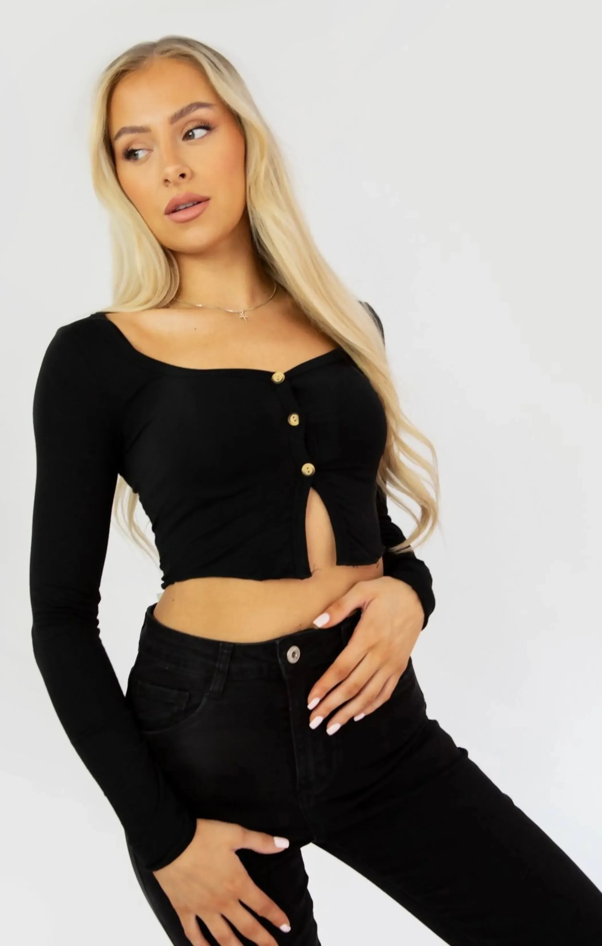 Black Button Front Long Sleeve Crop Top - Novina sold by Femme Luxe