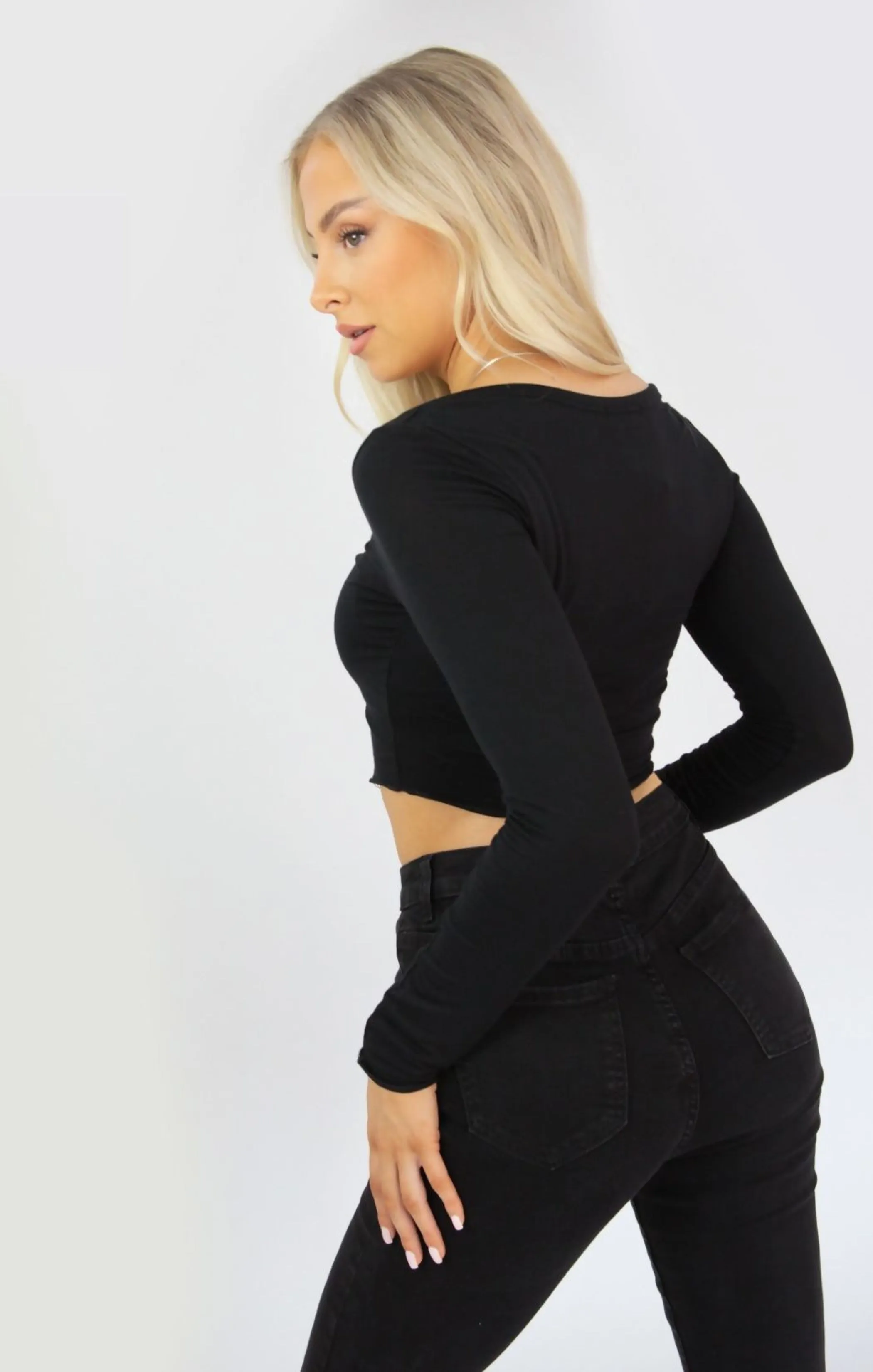 Black Button Front Long Sleeve Crop Top - Novina sold by Femme Luxe product image thumbnail 3