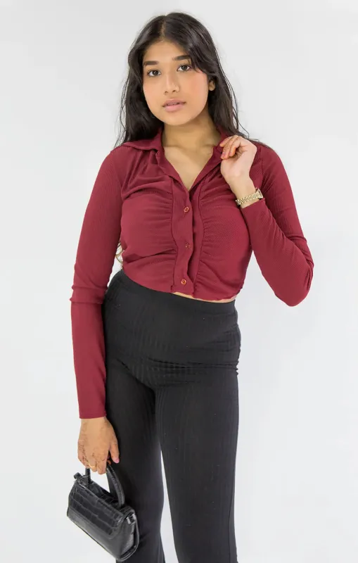 Wine Ruched Front Cropped Shirt - Valerica sold by Femme Luxe