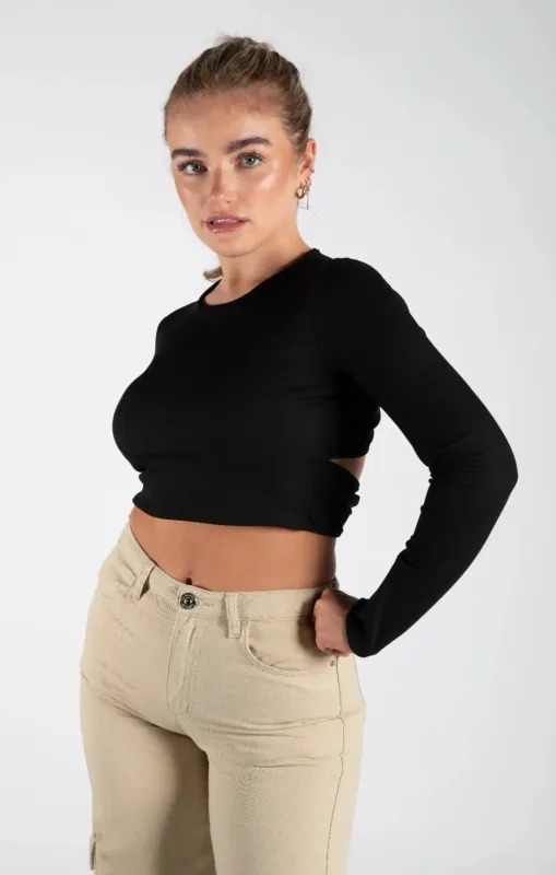 Black Ribbed Long Sleeve Backless Crop Top - Jenavira sold by Femme Luxe
