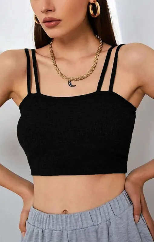 Black Rib Double Strap Crop Top - Emarise sold by Femme Luxe