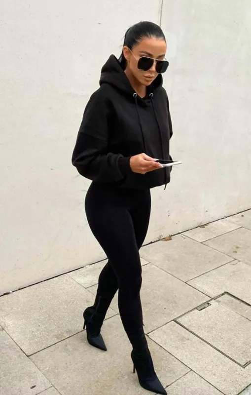 Black Oversized Matching Drawstring Rib Cuff & Hem Pocket Hoodie - Melissa sold by Femme Luxe