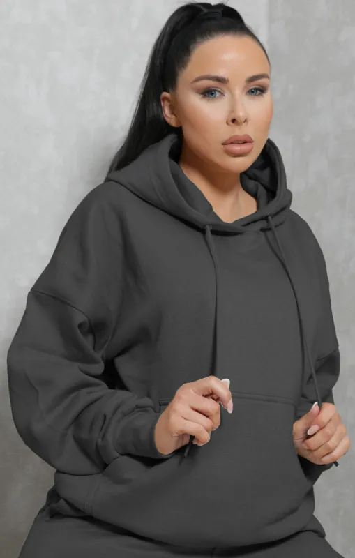 Dark Grey Oversized Drawstring Pocket Casual Hoodie - Ella sold by Femme Luxe