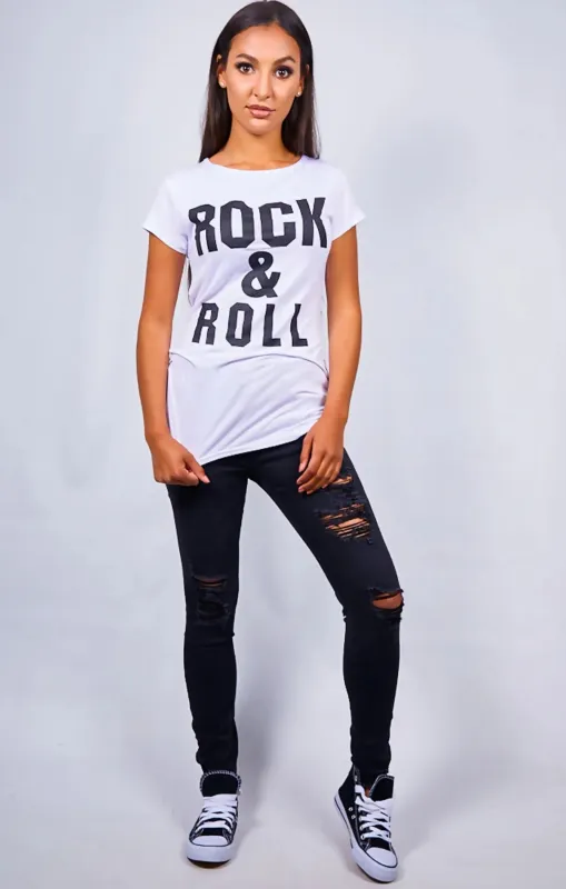 White ‘Rock & Roll’ Slogan Print T-Shirt - Carisella made by Femme Luxe