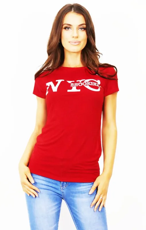 Red ‘NYC Brooklyn’ Slogan Print T-Shirt - Elissara sold by Femme Luxe