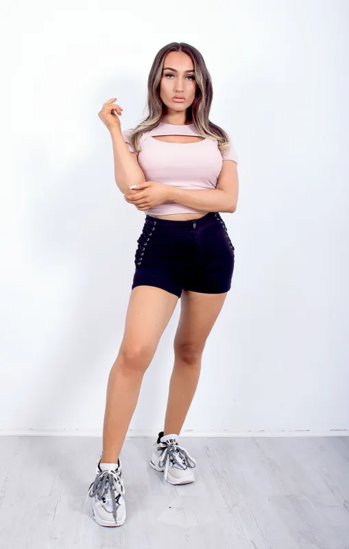 Black High Waisted Side Lace Up Denim Shorts - Amelita sold by Femme Luxe