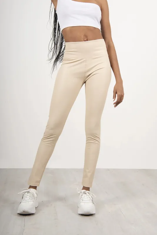 Beige Pu High Waisted Legging - Nicki sold by Femme Luxe