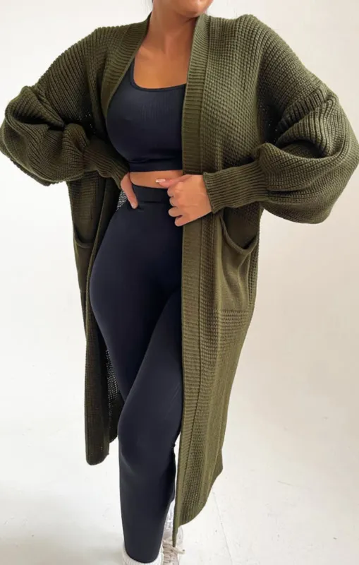 Khaki Knitted Long Sleeve Midi Cardigan - Georgia sold by Femme Luxe