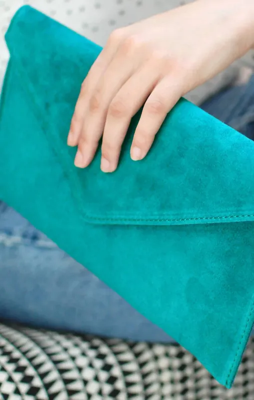 Turquoise Suede Envelope Luxe Clutch Bag - Laura sold by Femme Luxe