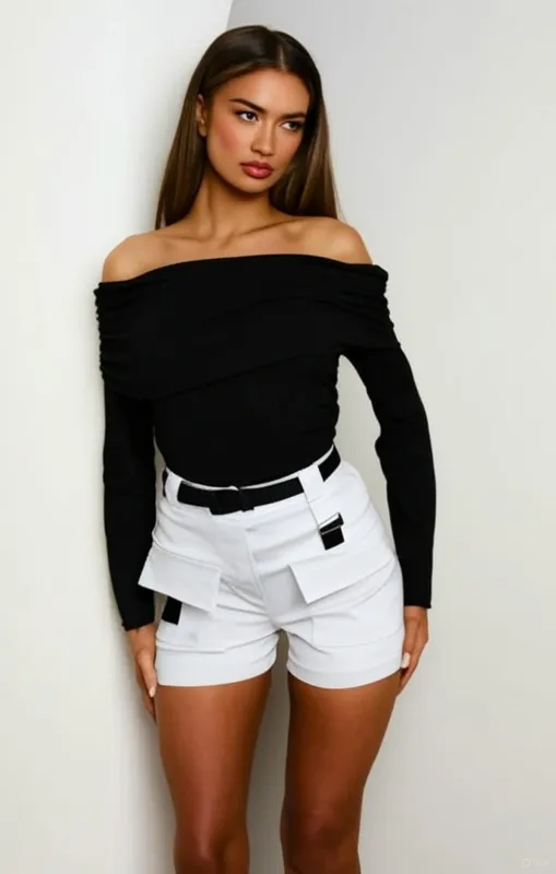 White Utility High Waisted Pocket Detail Shorts with Black Utility Belt - Ivy sold by Femme Luxe