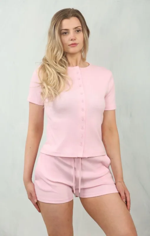 Pink Ribbed Button Front Crop Top With Drawstring Shorts Set - Sandra sold by Femme Luxe