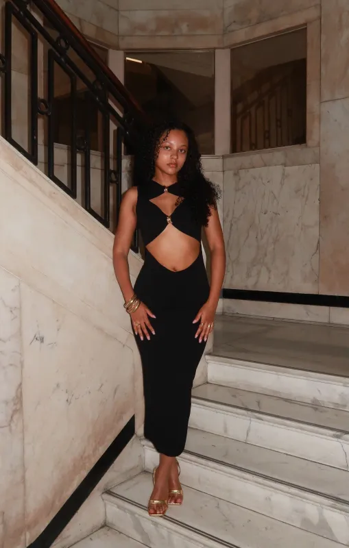 Black Cut Out Gold Detail Sleeveless Midi Dress - Camille sold by Femme Luxe