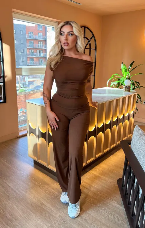 Brown Ribbed Slash Neck Top with Wide Leg Trouser Loungewear Set - Bellina sold by Femme Luxe