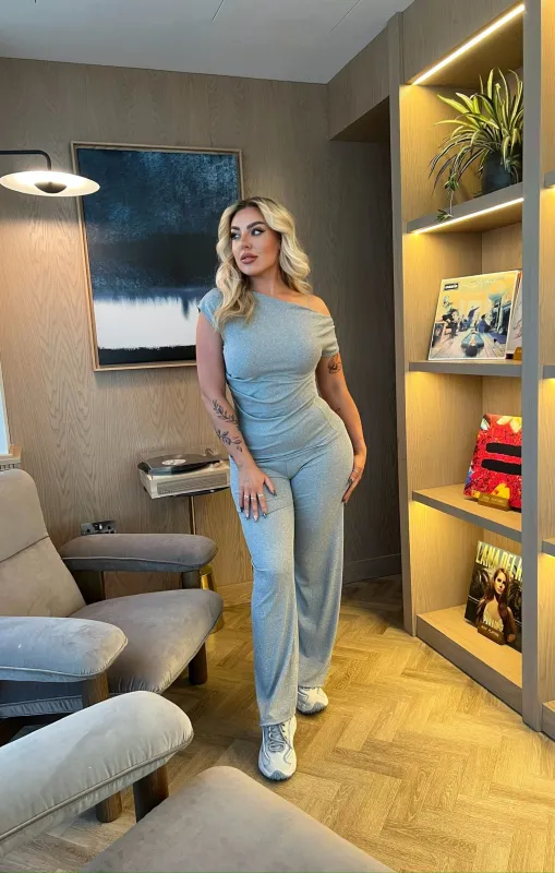 Grey Ribbed Slash Neck Top with Wide Leg Trouser Loungewear Set - Bellina sold by Femme Luxe