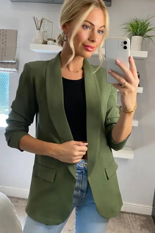 Khaki Long Sleeve Pocket Blazer - Tenely sold by Femme Luxe