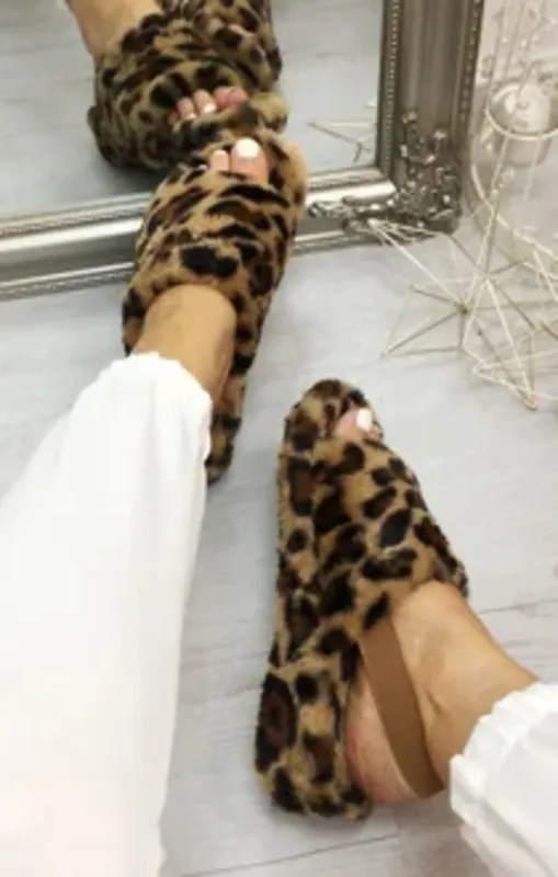 Leopard Fluffy Faux Fur Elasticated Back Flatform Slippers - Amara sold by Femme Luxe