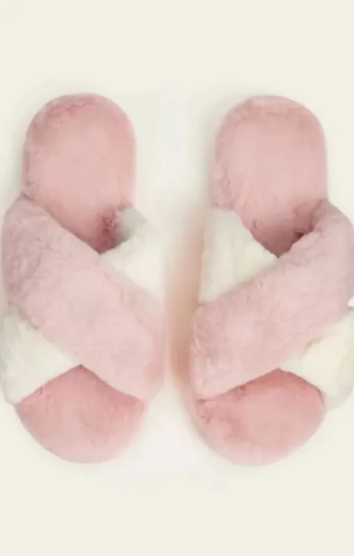 Pink Fluffy Cross Strap Slippers - Myra made by Femme Luxe