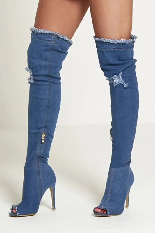 Dark Denim Ripped Thigh High Boots - Briar made by Femme Luxe