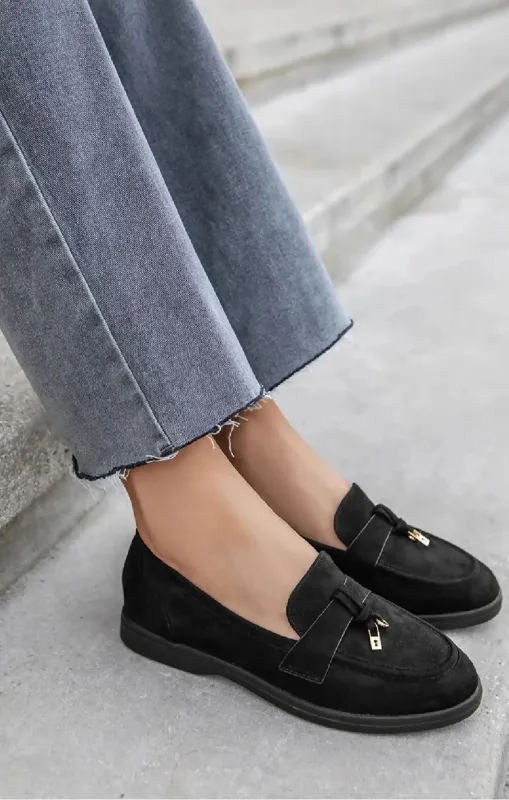 Black Suede Summer Designer Loafers Shoes - Desta sold by Femme Luxe
