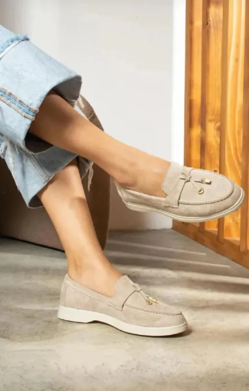 Beige Suede Summer Designer Loafers Shoes - Desta sold by Femme Luxe