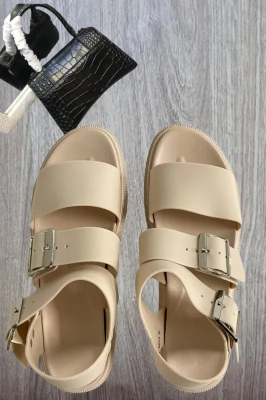 Beige Buckle Strap Gladiator Sandals - Estrella sold by Femme Luxe