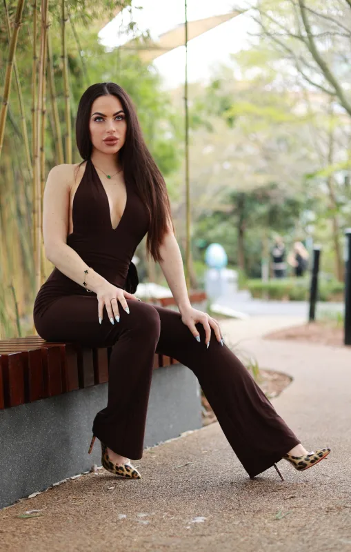 Chocolate Plunge Slinky Open Back Halter Jumpsuit - Giada sold by Femme Luxe