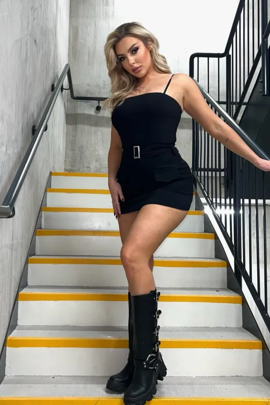 Black Cargo Pocket Belted Skort Playsuit - Soraya sold by Femme Luxe