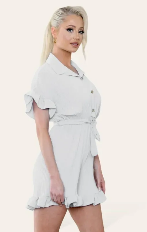 Cream Pleated Frill Ruffle Shirt Short Playsuit - Dora sold by Femme Luxe
