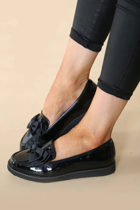 Black Patent Chunky Bow Loafers Flat Shoes - Capri sold by Femme Luxe