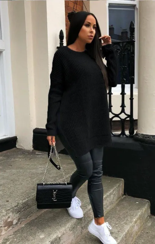 Black Oversized Split Side Knitted Jumper - Lore sold by Femme Luxe